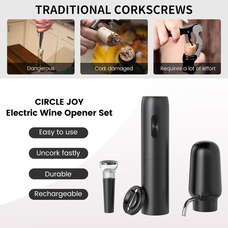 CircleJoy Electric Wine Opener Set 4-in-1 Automatic Corkscrew with Rechargeable Wine Aerator Pourer, Foil Cutter, Vacuum Wine Stopper | Premium Gift Box for Wine Lovers, Black - Image 2